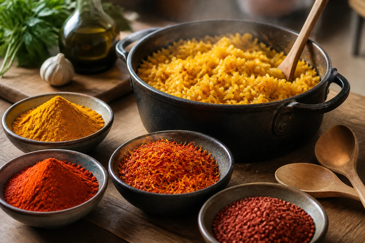 Coupelles d'épices curcuma, paprika, carthame et rocou utilisées comme substituts du safran en cuisine