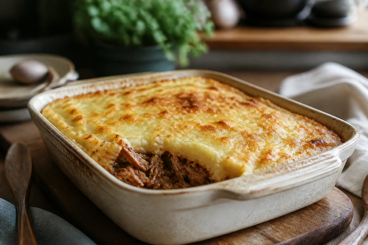 Parmentier de canard confit moelleux et doré à la sortie du four, dans un plat à gratin