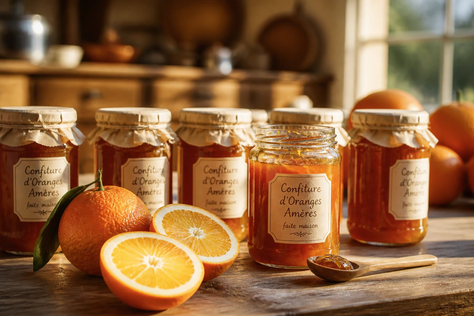 Pots de confiture d'orange amère maison façon recette de grand-mère sur une table en bois