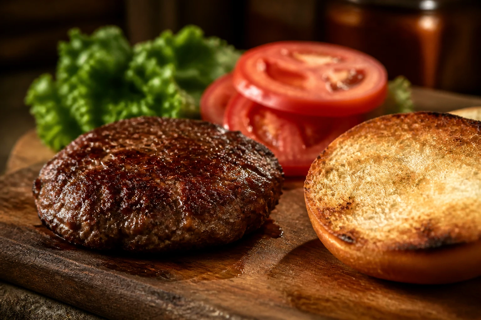 Steak haché maison grillé sur planche en bois avec pain à burger et tomate en tranches épaisses