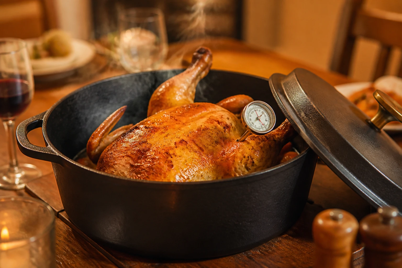 Chapon doré cuit en cocotte en fonte avec thermomètre à viande planté dans la cuisse