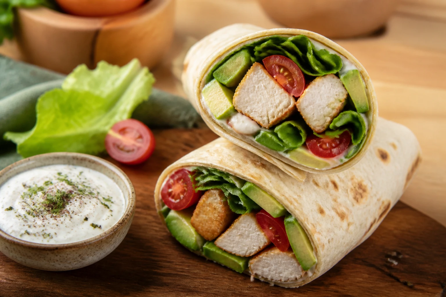 Wrap poulet healthy coupé en deux sur planche en bois avec poulet grillé, avocat et crudités