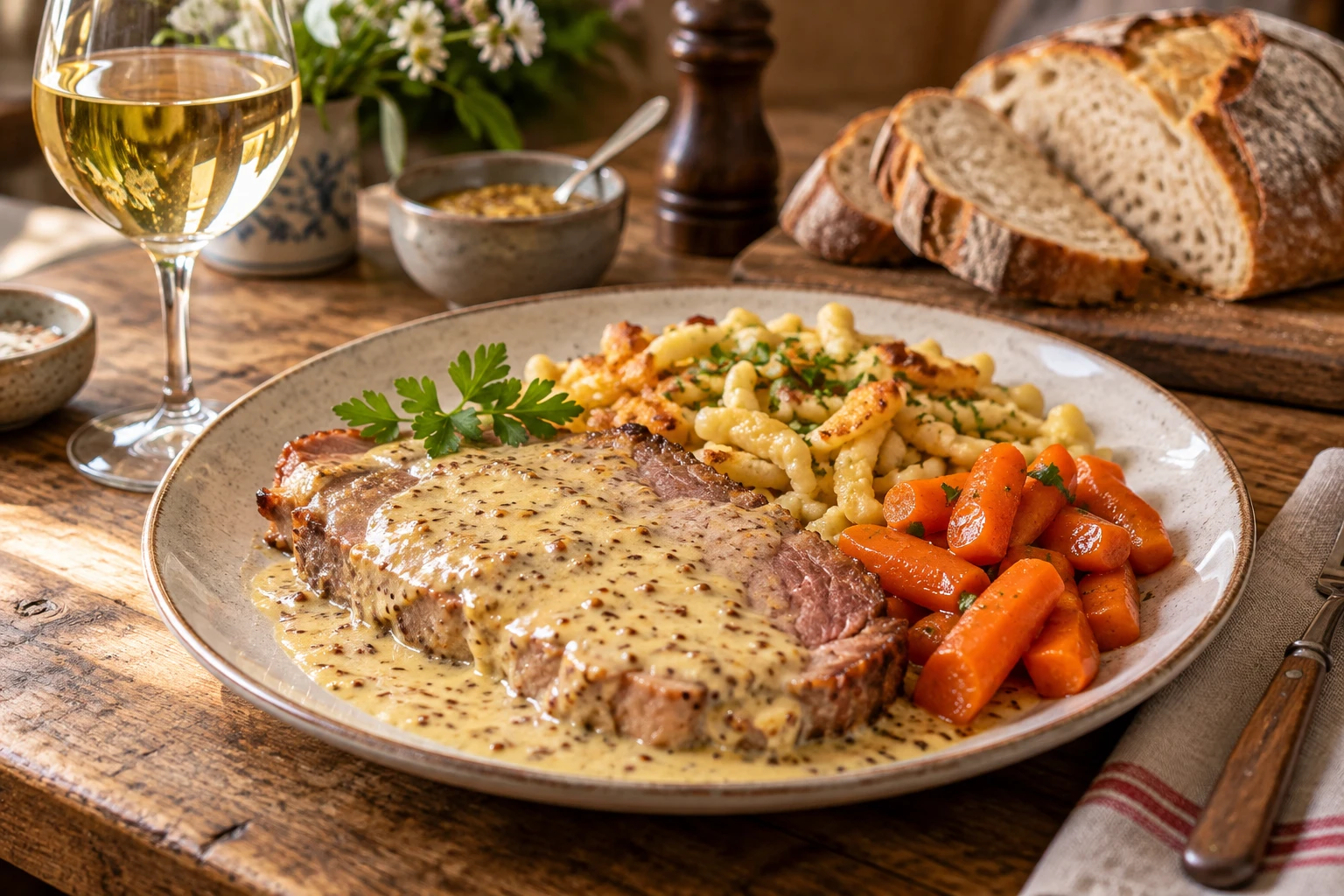 Assiette de palette à la diable avec spaetzle dorés et carottes glacées sur une table en bois