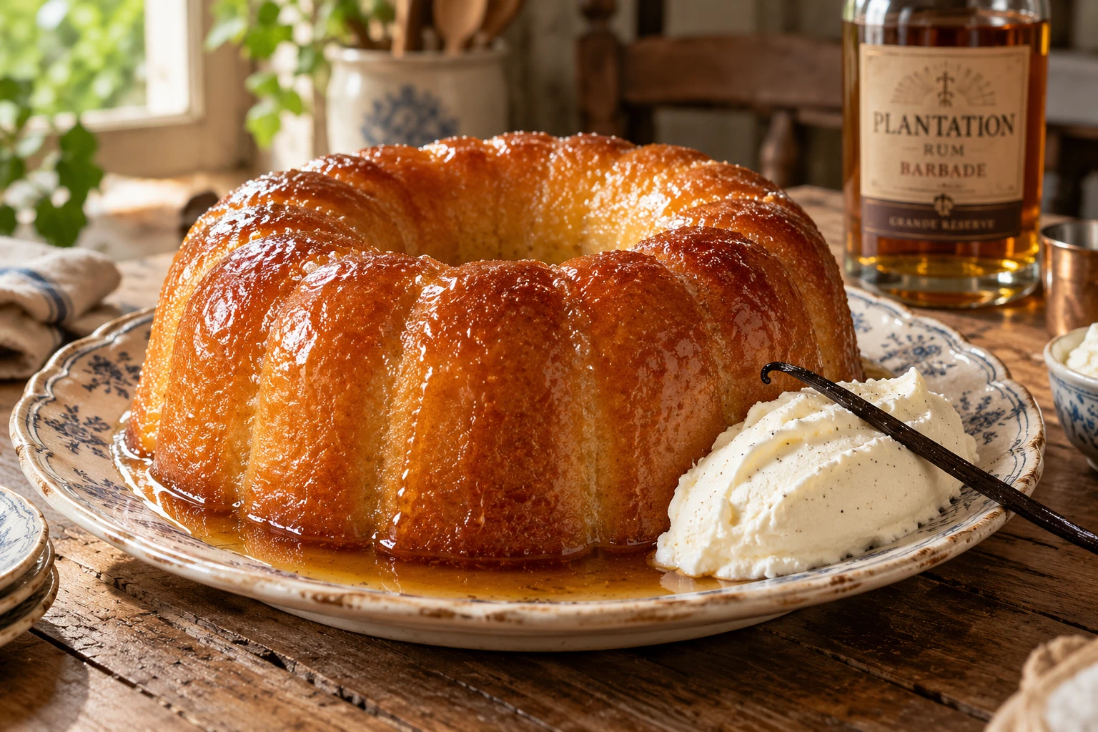 Baba au rhum doré et brillant de sirop, servi avec de la chantilly sur une table en bois
