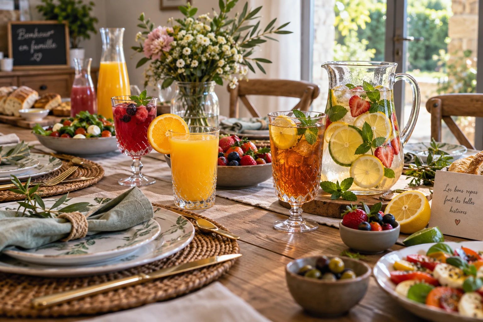 Table dressée avec plusieurs verres de boissons halal colorées, jus de fruits et eau aromatisée