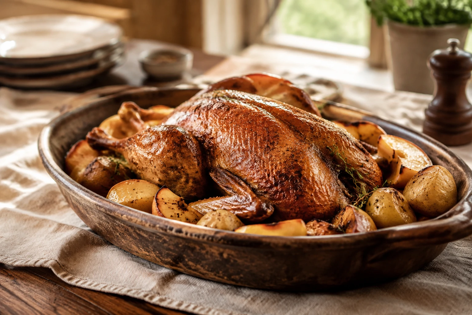 Canette rôtie dorée sur plat en terre cuite avec pommes de terre fondantes et pommes, table de famille