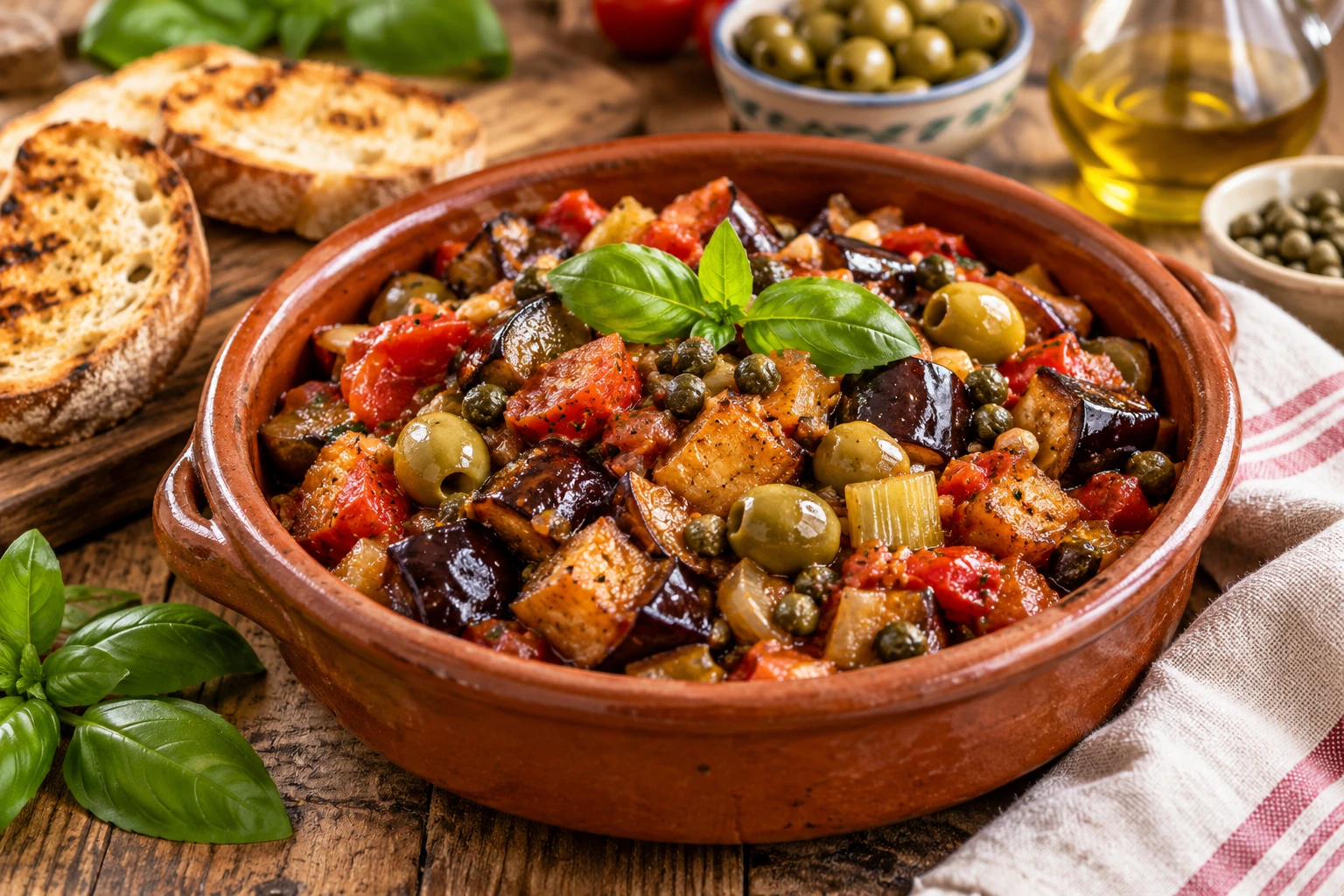 Plat de caponata sicilienne aux aubergines, olives et câpres servi avec du pain grillé sur une table en bois