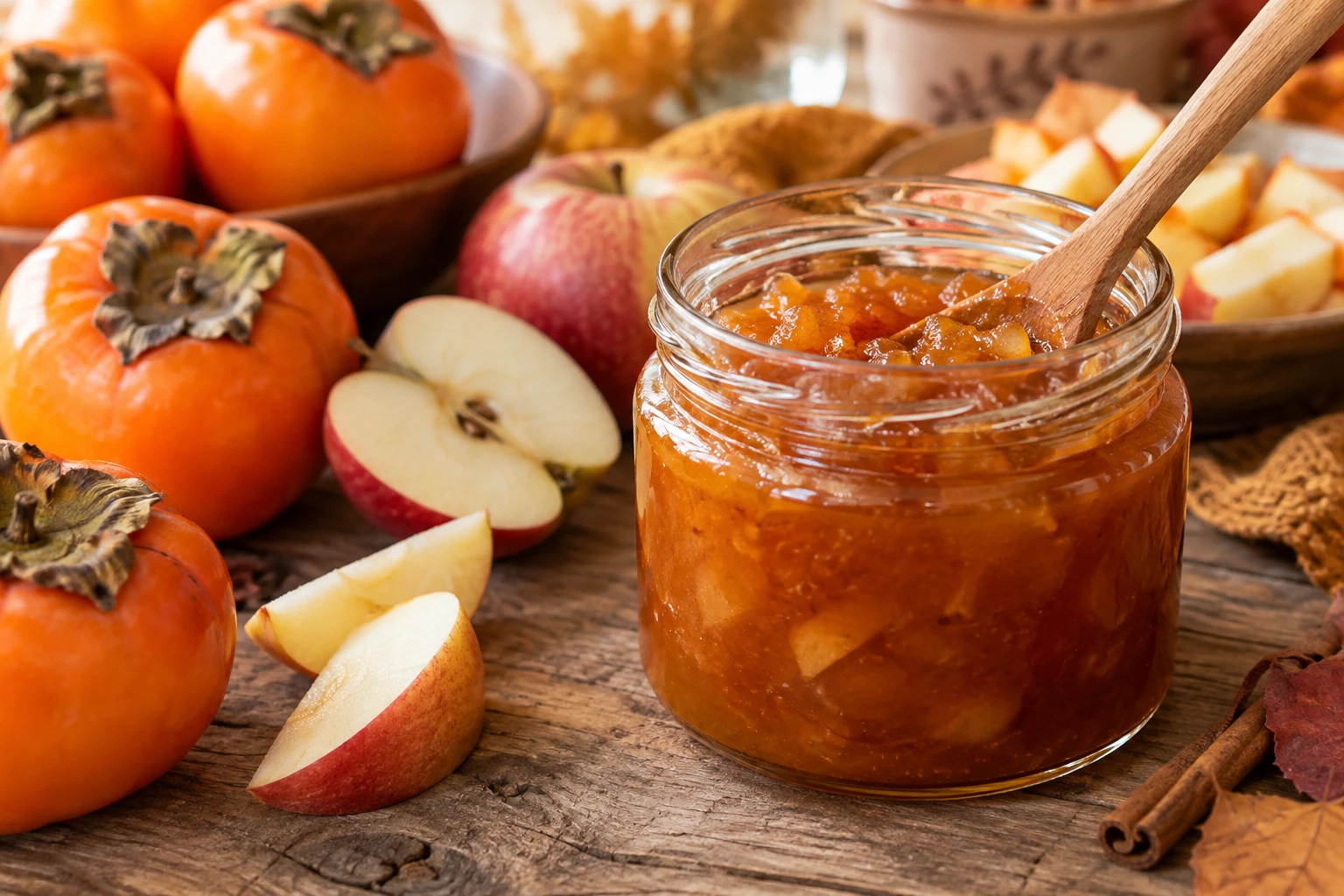 Pot de confiture de kaki et pommes ambrée entouré de fruits frais sur une table en bois