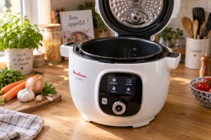 Multicuiseur Moulinex Cookeo ouvert sur un plan de travail de cuisine avec lumière naturelle