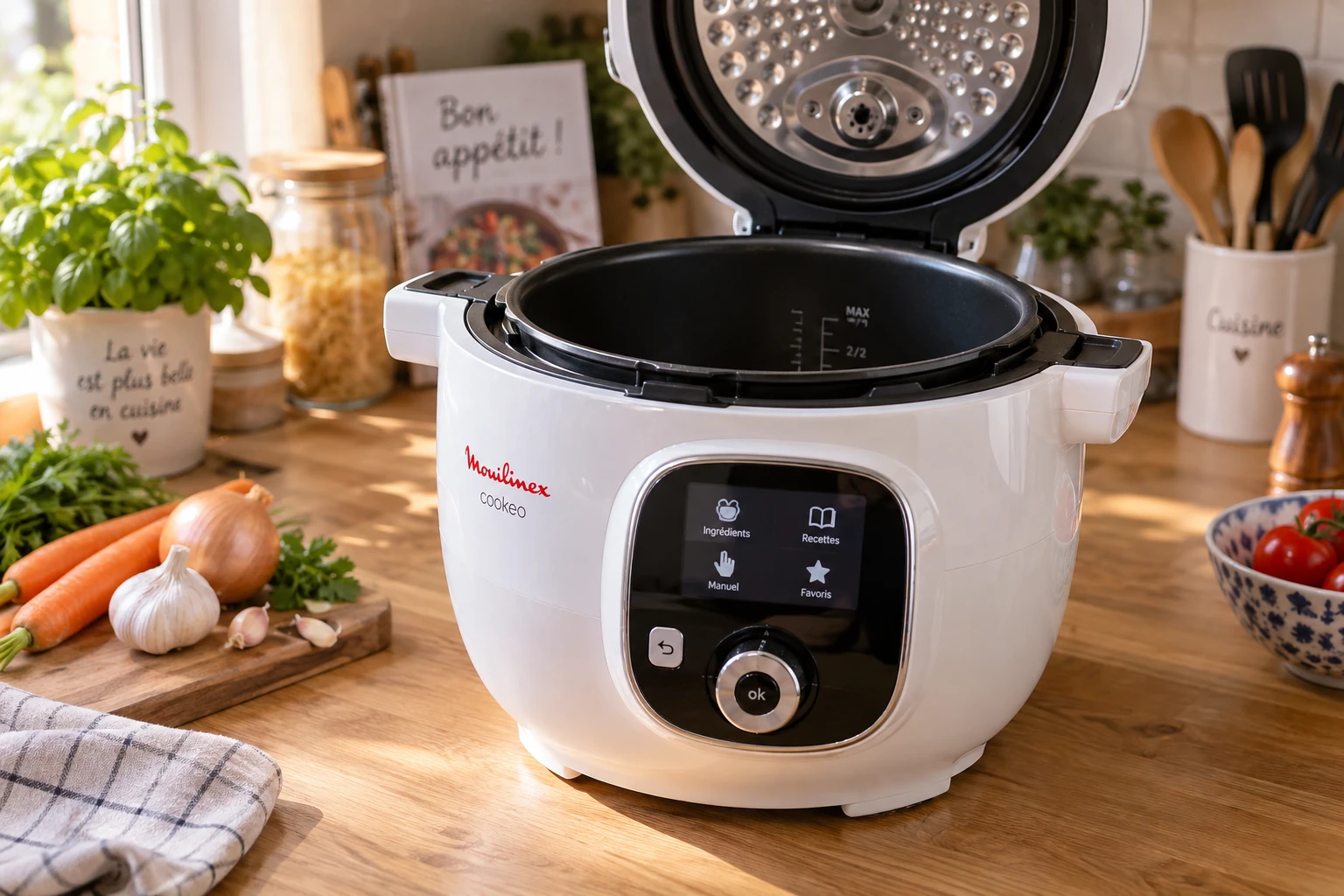 Multicuiseur Moulinex Cookeo ouvert sur un plan de travail de cuisine avec lumière naturelle