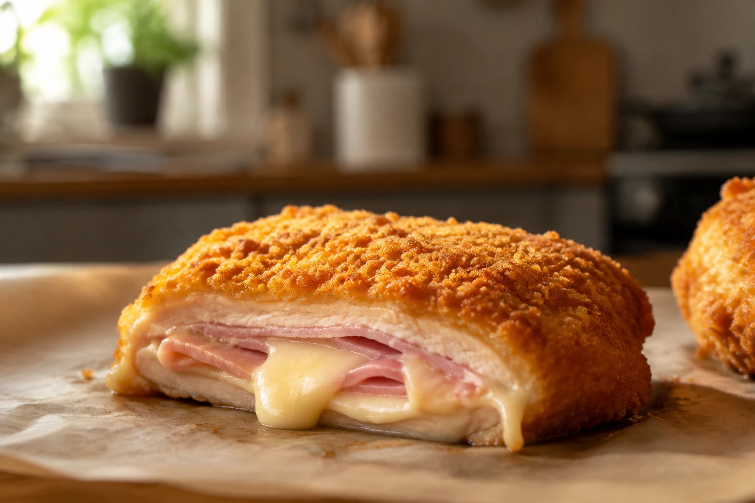 Cordon bleu cru posé sur du papier sulfurisé montrant sa panure et sa farce jambon-fromage