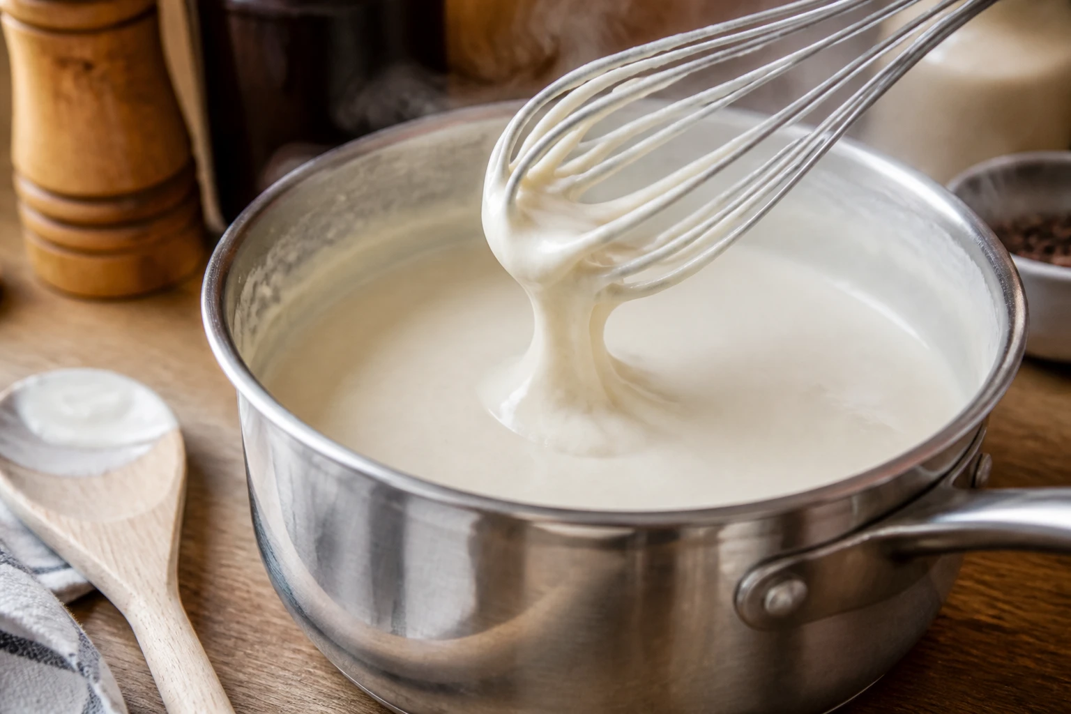 Béchamel onctueuse préparée sans farine dans une casserole, fouettée pour obtenir une texture lisse
