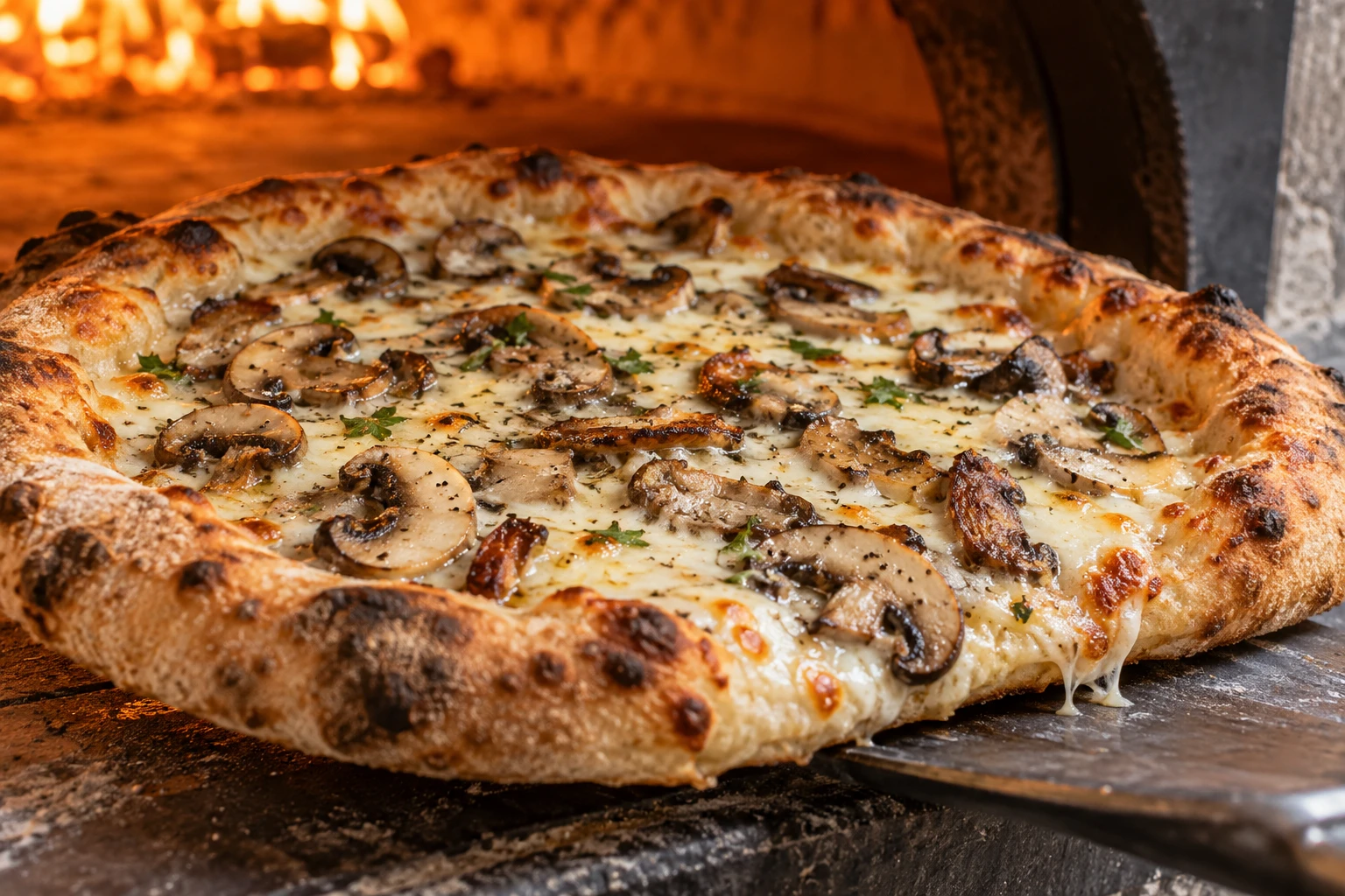 Pizza artisanale garnie de champignons de Paris rôtis et de mozzarella fondue sortant du four