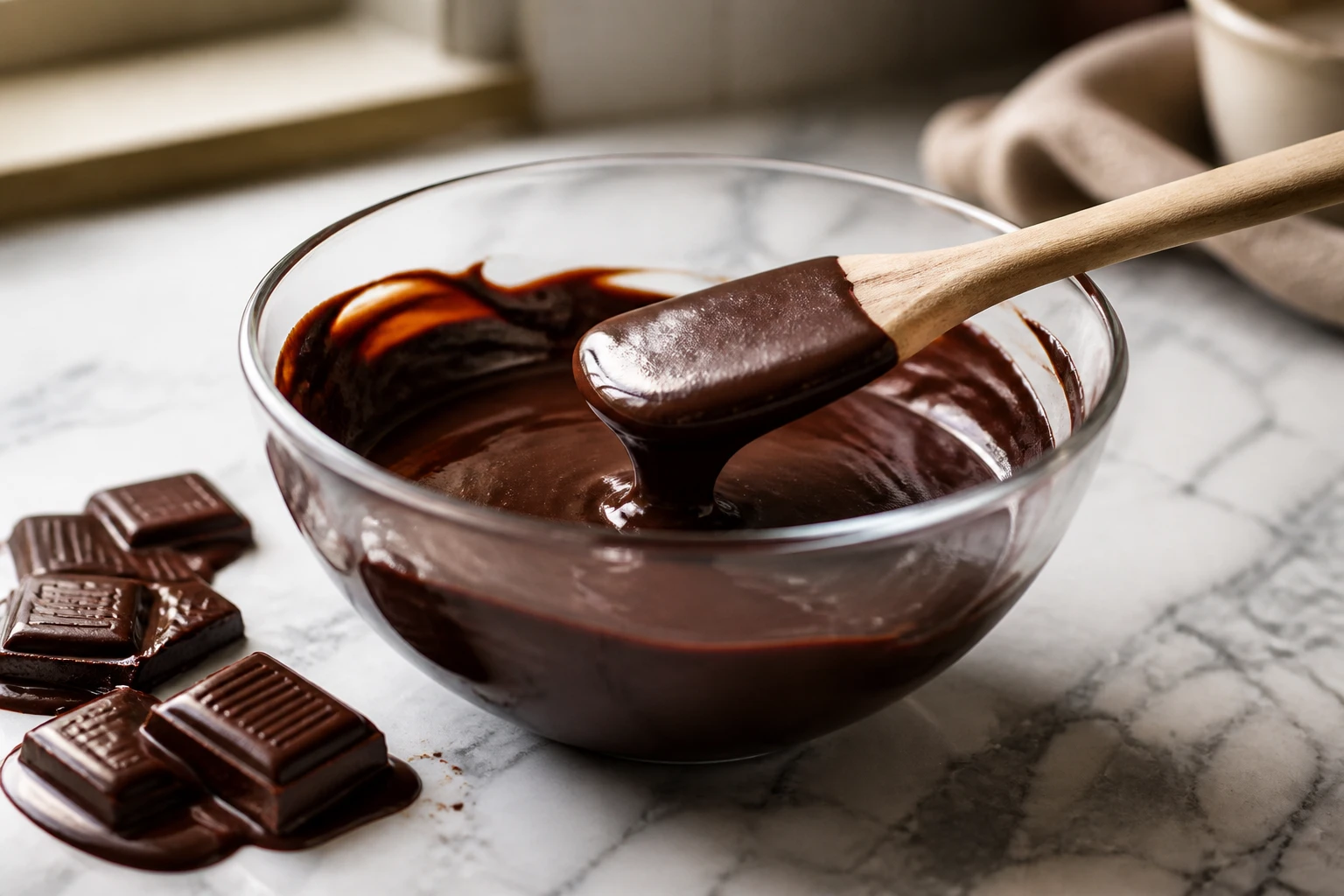 Bol de ganache au chocolat trop liquide avec spatule en bois sur plan de travail en marbre