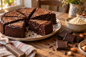 Part de gâteau au chocolat sans sucre pour diabétique avec chocolat noir et poudre d'amande sur table en bois