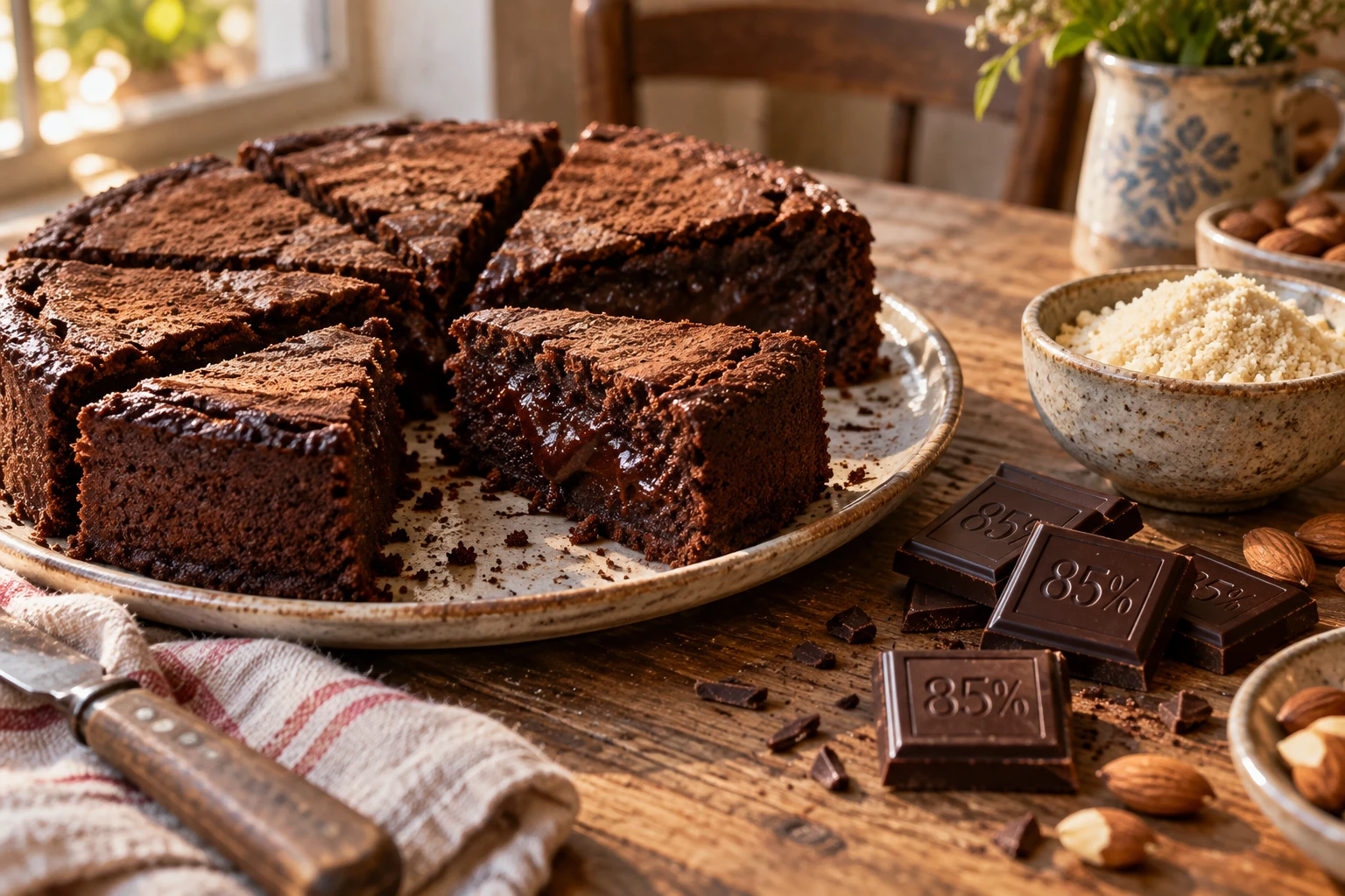 Part de gâteau au chocolat sans sucre pour diabétique avec chocolat noir et poudre d'amande sur table en bois