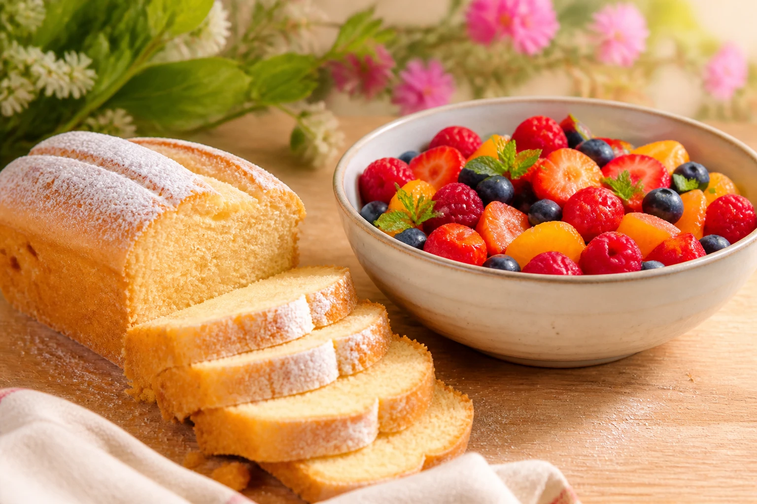 Biscuit de Savoie léger tranché servi avec une salade de fruits rouges et agrumes sur table en bois