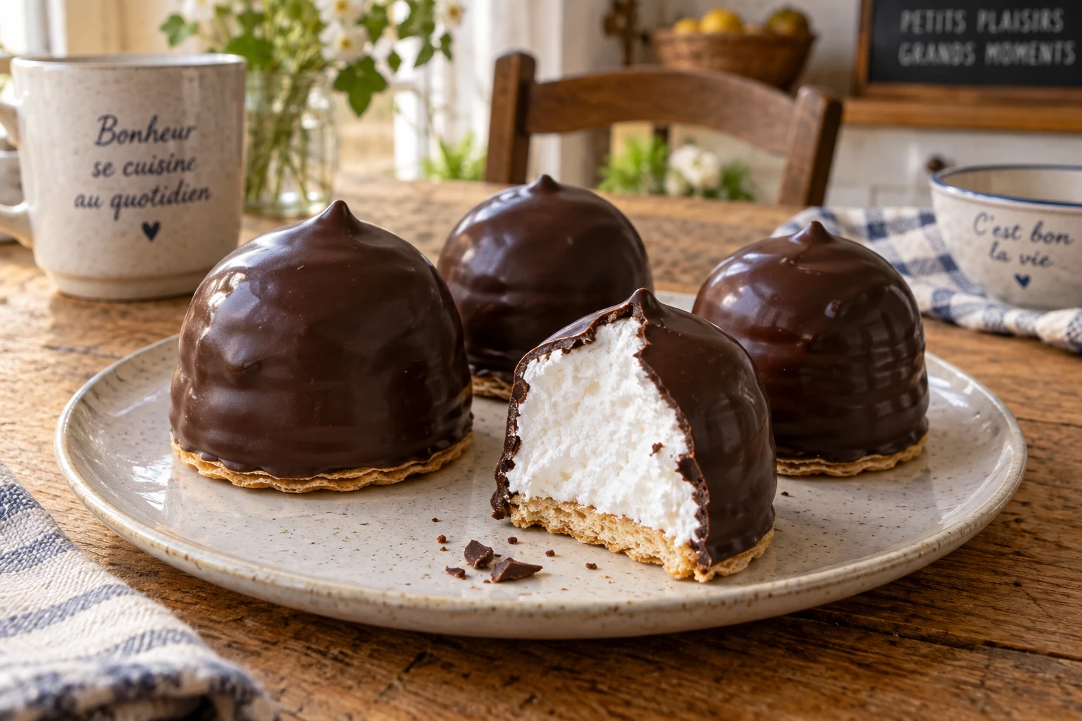 Têtes au chocolat maison, meringue sous coque de chocolat noir, posées sur une table en bois