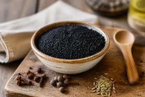 Bol de graines de nigelle noires sur une planche en bois dans une cuisine