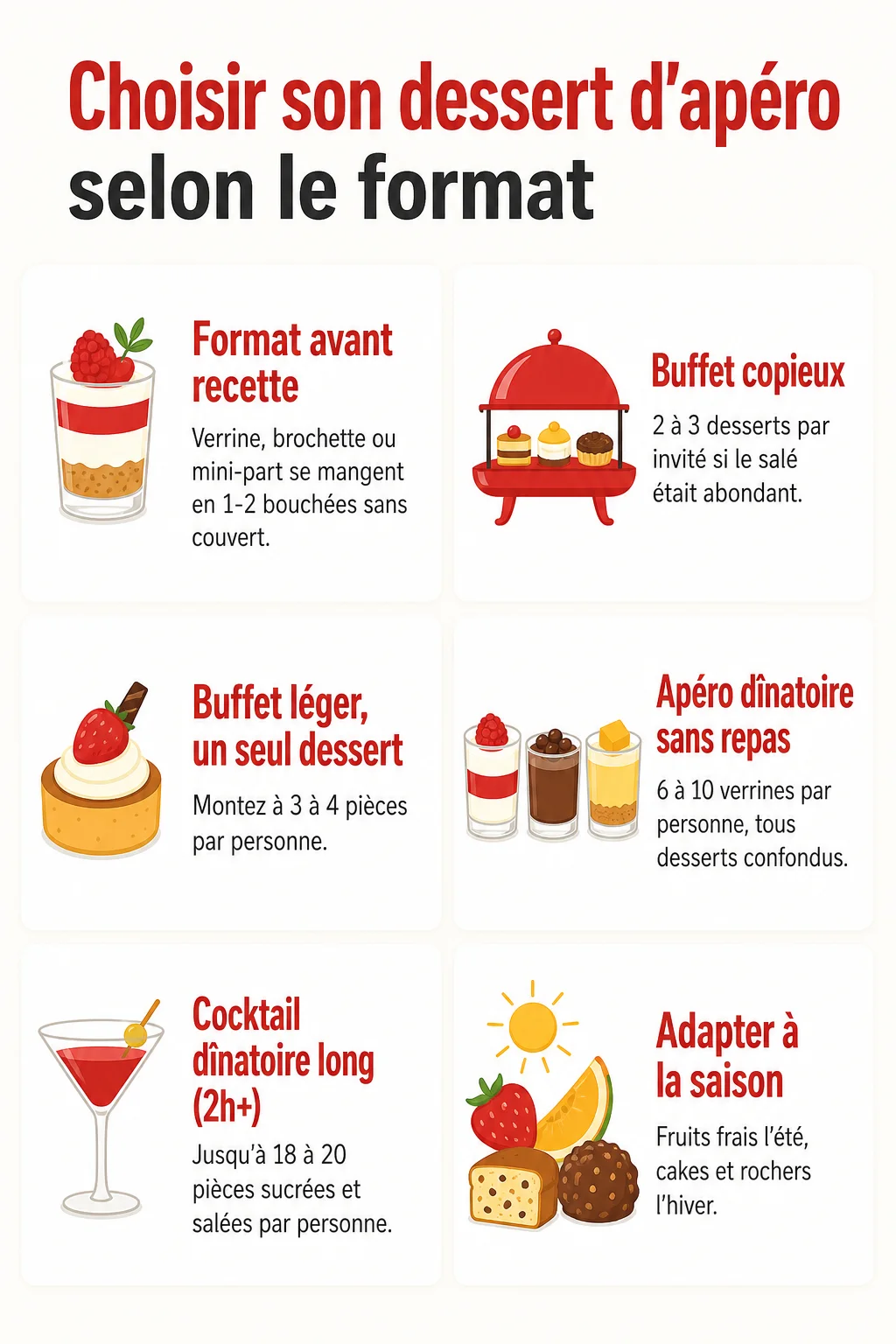 Choisir son dessert d'apéro selon le format : Format avant recette, Buffet copieux, Buffet léger, un seul dessert, Apéro dînatoire sans repas, Cocktail dînatoire long (2h+), Adapter à la saison