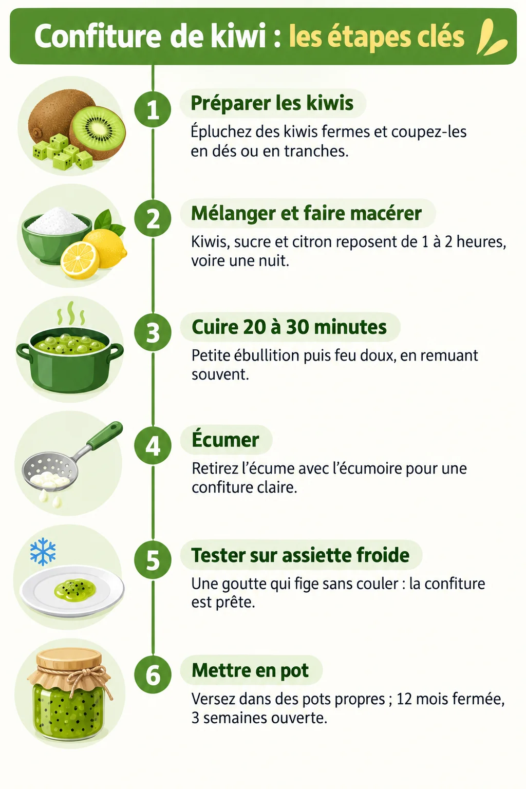 Confiture de kiwi : les étapes clés : 1. Préparer les kiwis, 2. Mélanger et faire macérer, 3. Cuire 20 à 30 minutes, 4. Écumer, 5. Tester sur assiette froide, 6. Mettre en pot
