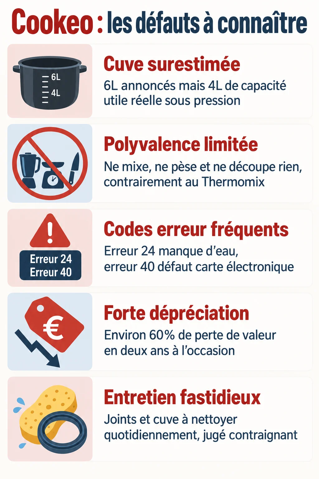 Cookeo : les défauts à connaître : Cuve surestimée, Polyvalence limitée, Codes erreur fréquents, Forte dépréciation, Entretien fastidieux