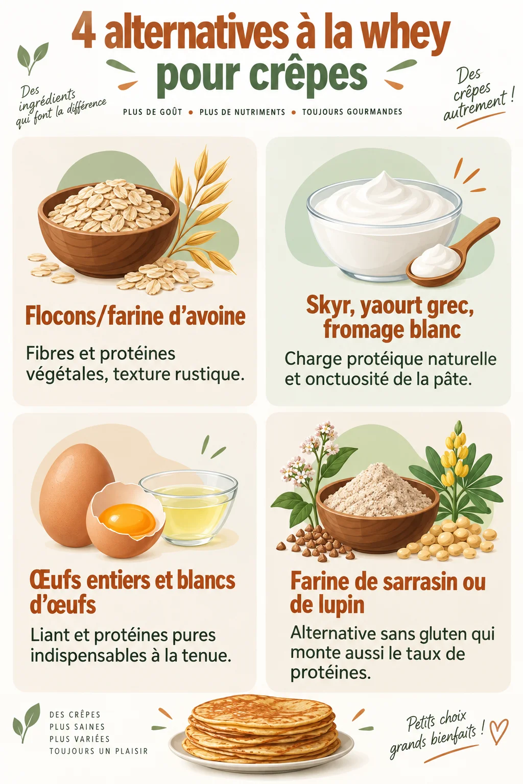 4 alternatives à la whey pour crêpes : Flocons/farine d'avoine, Skyr, yaourt grec, fromage blanc, Œufs entiers et blancs d'œufs, Farine de sarrasin ou de lupin