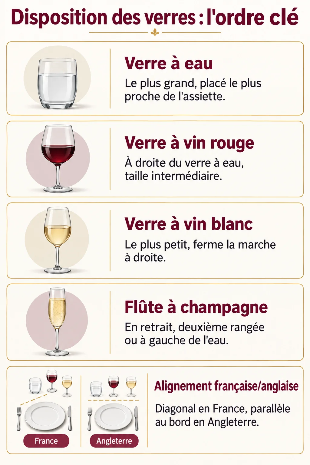 Disposition des verres : l'ordre clé : Verre à eau, Verre à vin rouge, Verre à vin blanc, Flûte à champagne, Alignement française/anglaise