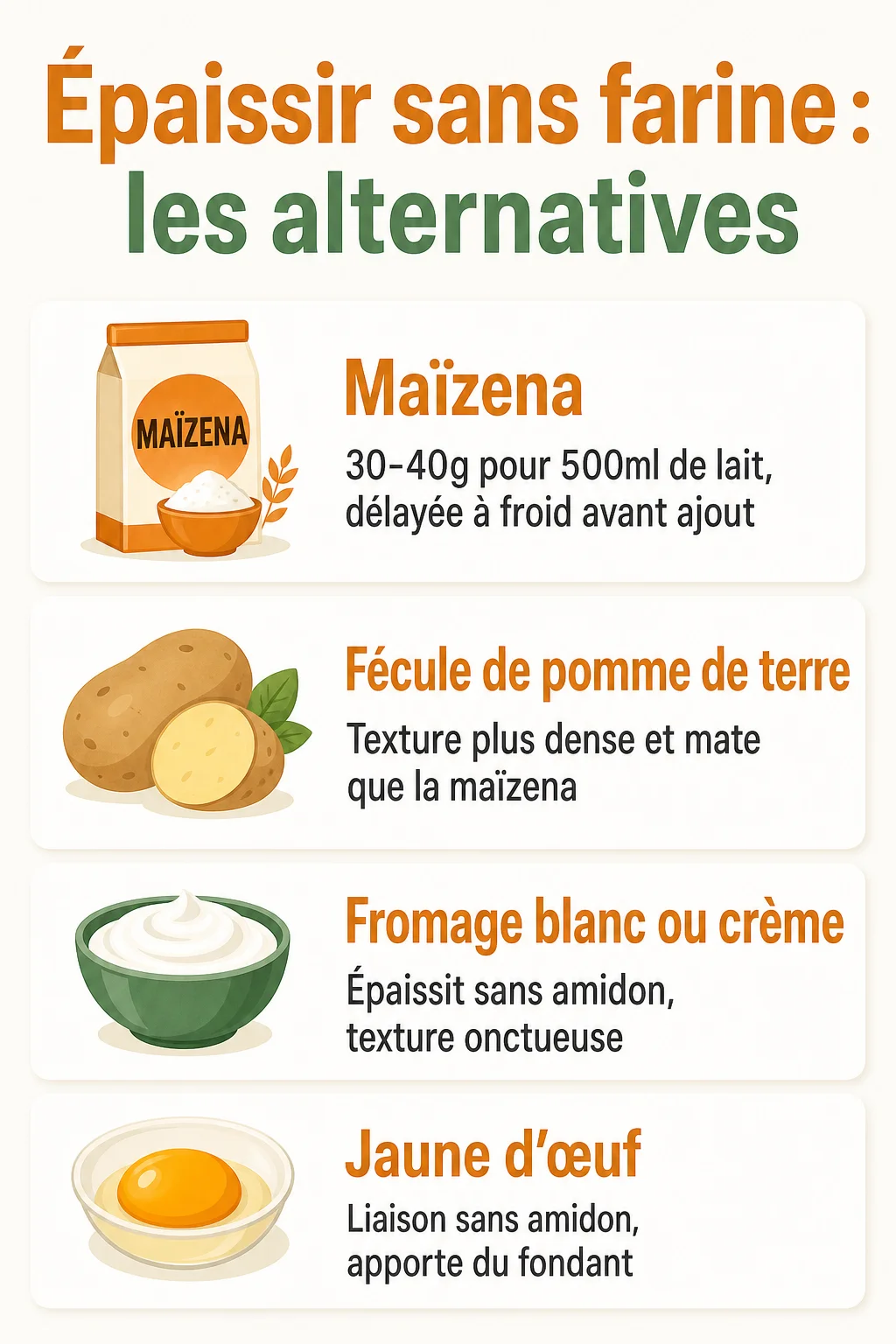 Épaissir sans farine : les alternatives : Maïzena, Fécule de pomme de terre, Fromage blanc ou crème, Jaune d'œuf