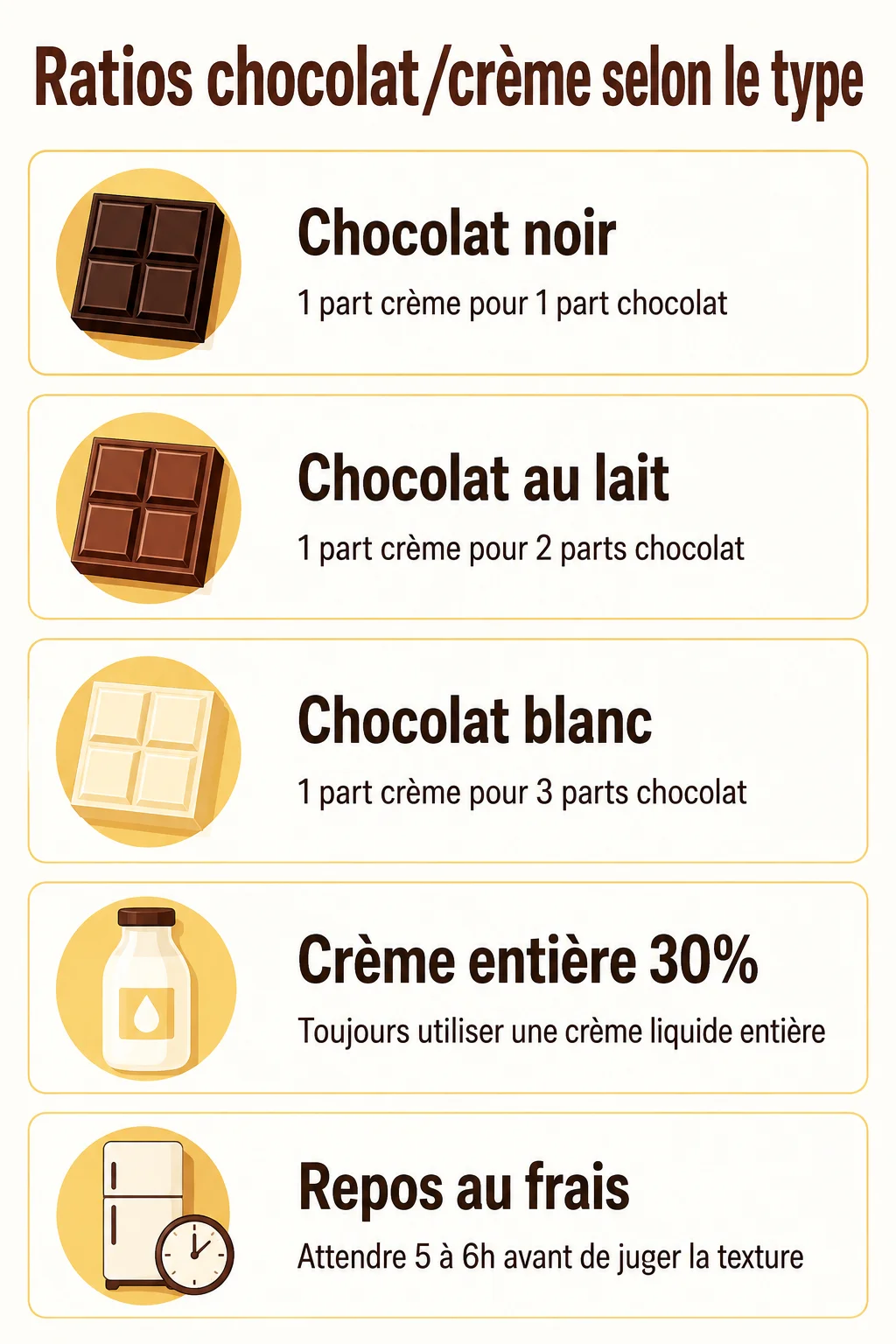 Ratios chocolat/crème selon le type : Chocolat noir, Chocolat au lait, Chocolat blanc, Crème entière 30%, Repos au frais