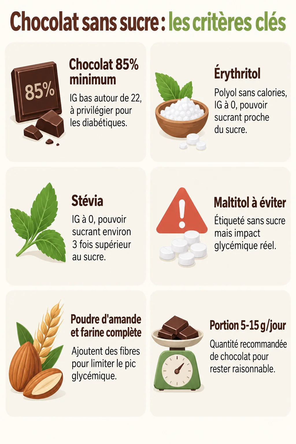 Chocolat sans sucre : les critères clés : Chocolat 85% minimum, Érythritol, Stévia, Maltitol à éviter, Poudre d'amande et farine complète, Portion 5-15 g/jour