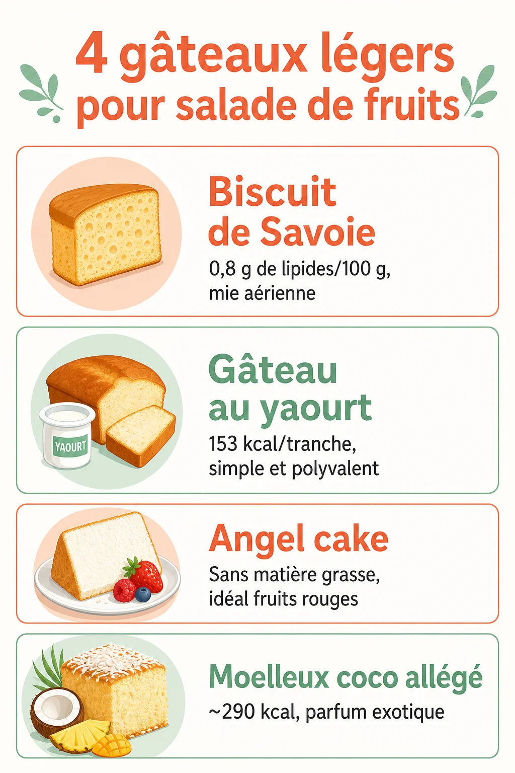 4 gâteaux légers pour salade de fruits : Biscuit de Savoie, Gâteau au yaourt, Angel cake, Moelleux coco allégé