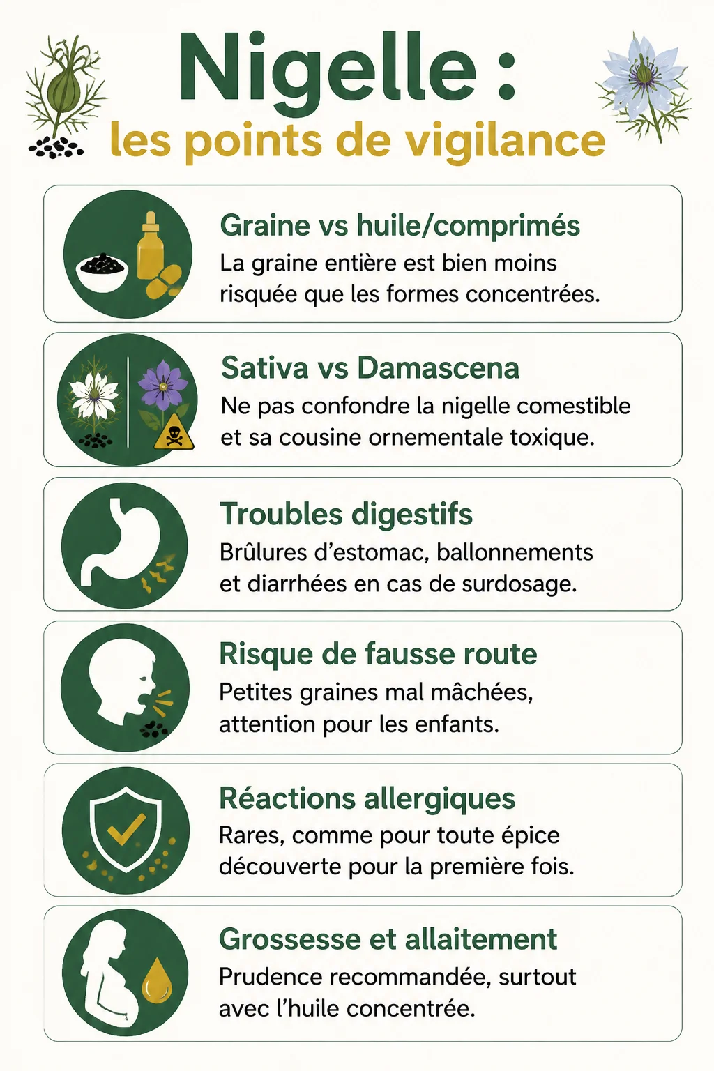 Nigelle : les points de vigilance : Graine vs huile/comprimés, Sativa vs Damascena, Troubles digestifs, Risque de fausse route, Réactions allergiques, Grossesse et allaitement
