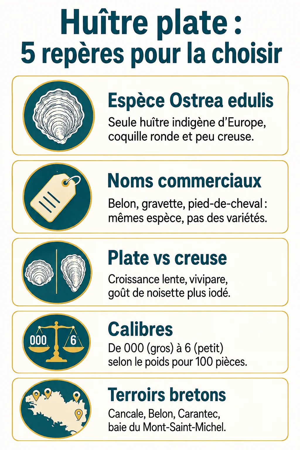 Huître plate : 5 repères pour la choisir : Espèce Ostrea edulis, Noms commerciaux, Plate vs creuse, Calibres, Terroirs bretons