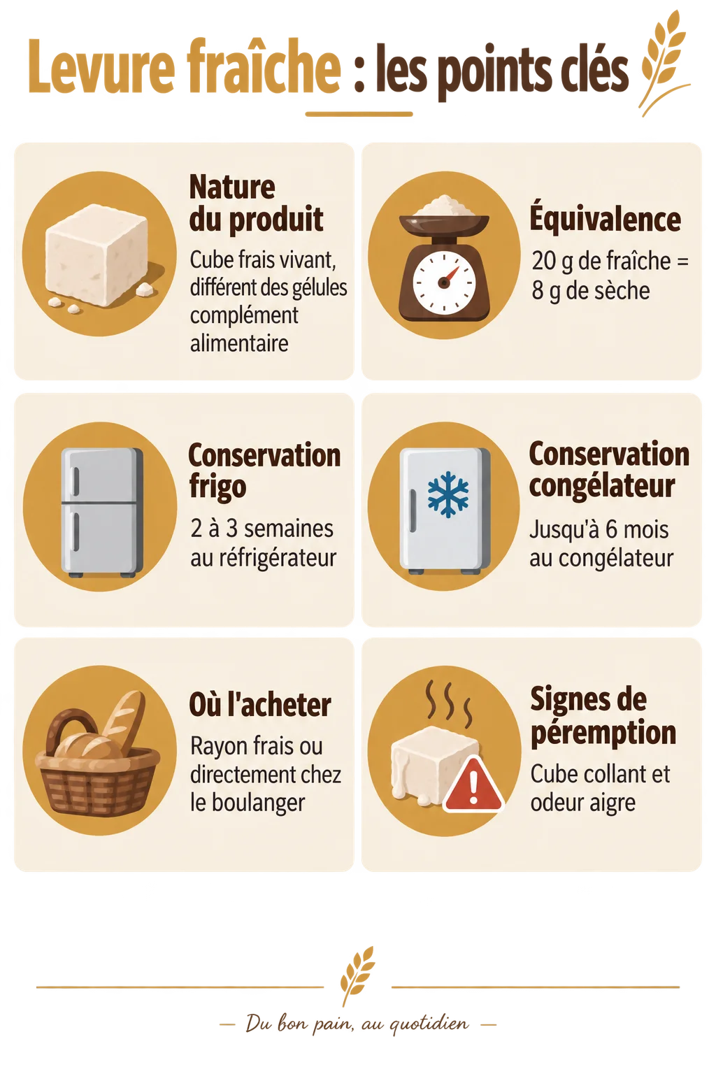 Levure fraîche : les points clés : Nature du produit, Équivalence, Conservation frigo, Conservation congélateur, Où l'acheter, Signes de péremption