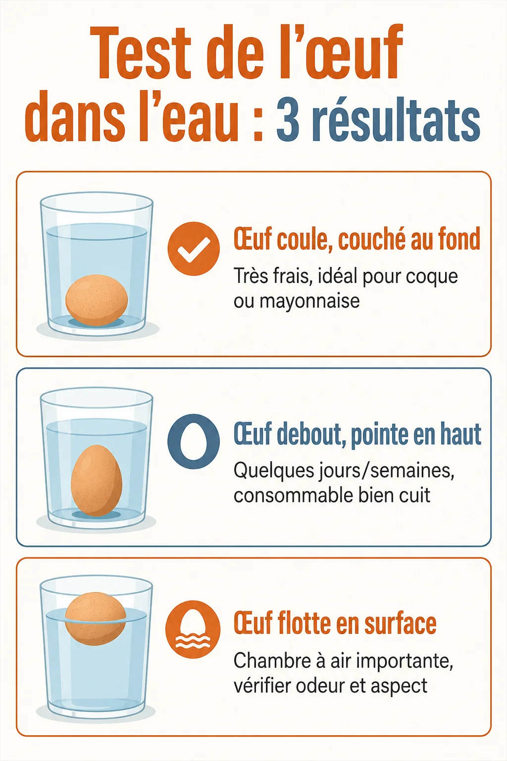 Test de l'œuf dans l'eau : 3 résultats : Œuf coule, couché au fond, Œuf debout, pointe en haut, Œuf flotte en surface