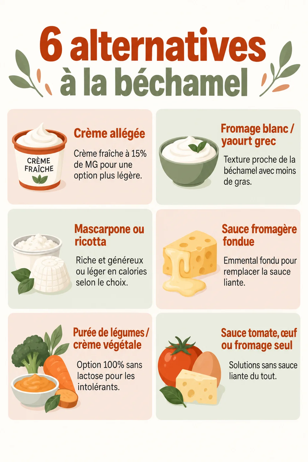 6 alternatives à la béchamel : Crème allégée, Fromage blanc / yaourt grec, Mascarpone ou ricotta, Sauce fromagère fondue, Purée de légumes / crème végétale, Sauce tomate, œuf ou fromage seul