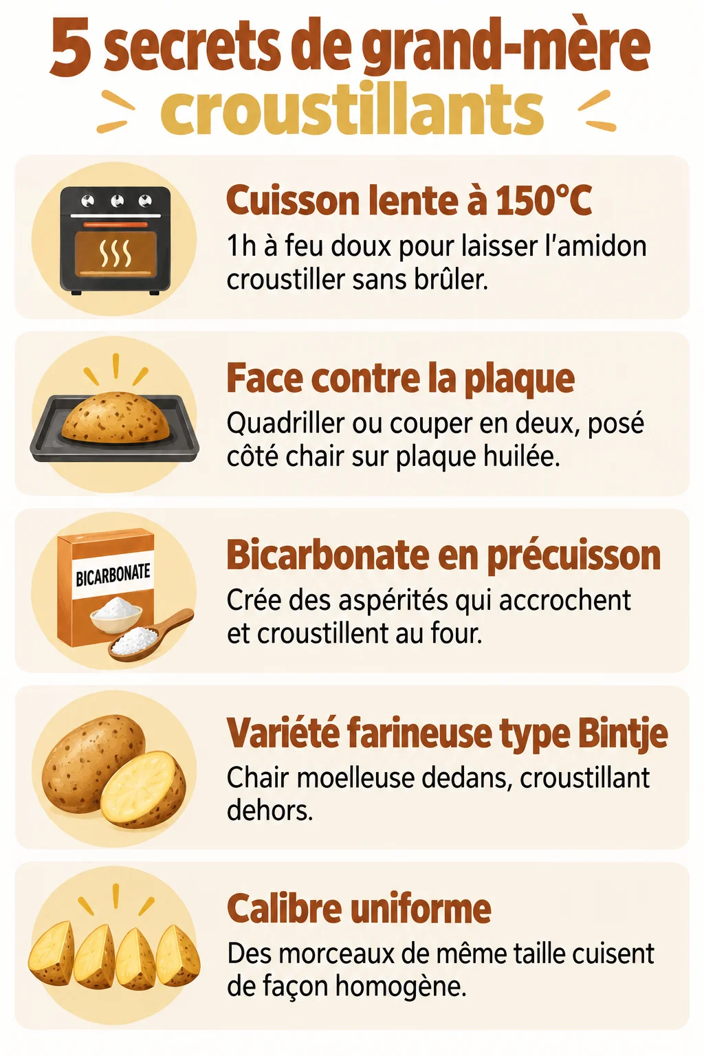 5 secrets de grand-mère croustillants : Cuisson lente à 150°C, Face contre la plaque, Bicarbonate en précuisson, Variété farineuse type Bintje, Calibre uniforme