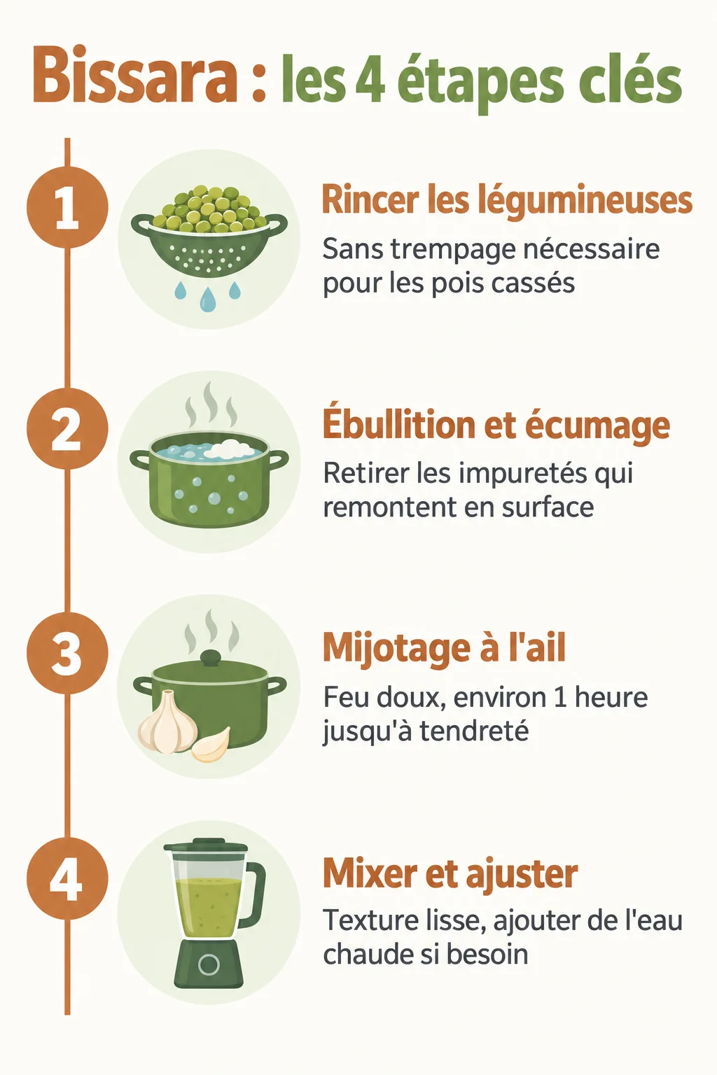 Bissara : les 4 étapes clés : 1. Rincer les légumineuses, 2. Ébullition et écumage, 3. Mijotage à l'ail, 4. Mixer et ajuster