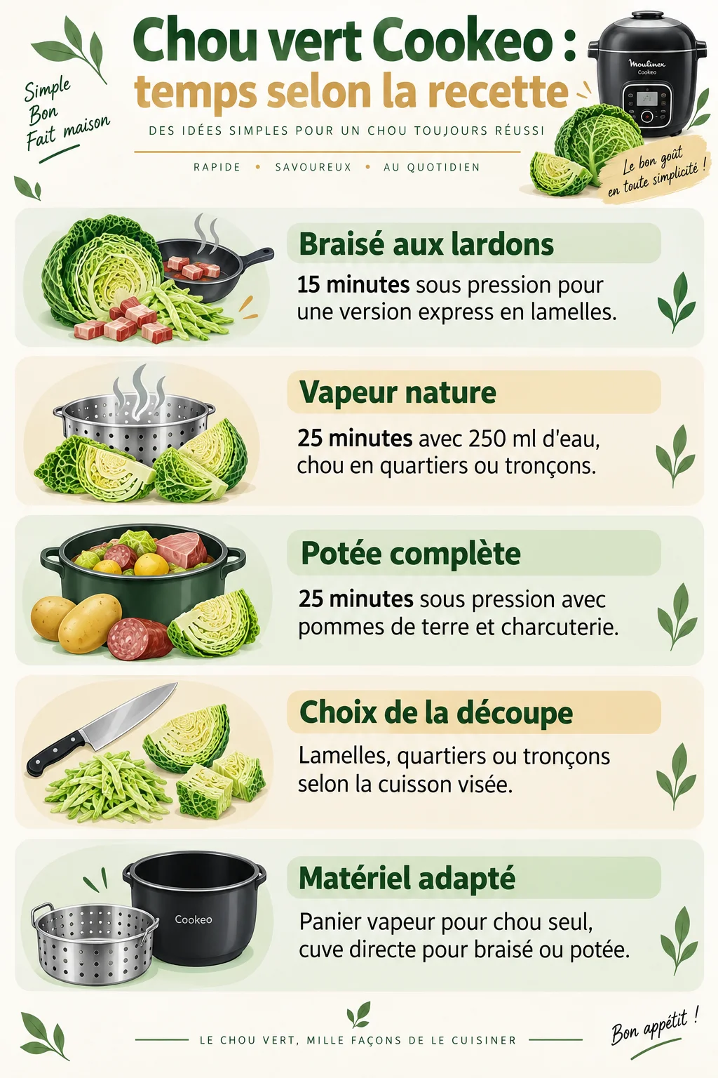 Chou vert Cookeo : temps selon la recette : Braisé aux lardons, Vapeur nature, Potée complète, Choix de la découpe, Matériel adapté