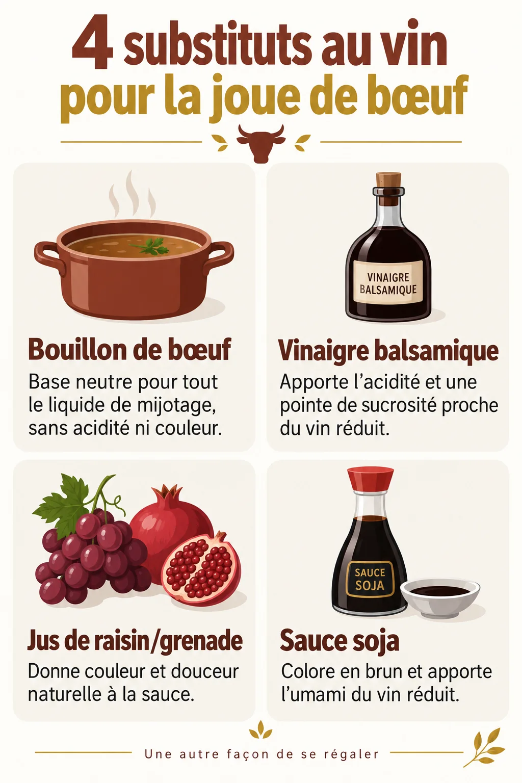 4 substituts au vin pour la joue de bœuf : Bouillon de bœuf, Vinaigre balsamique, Jus de raisin/grenade, Sauce soja