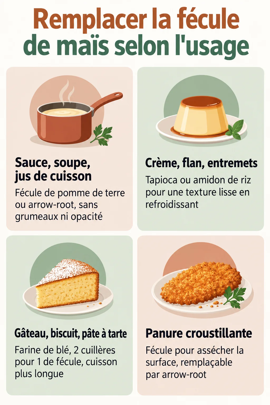 Remplacer la fécule de maïs selon l'usage : Sauce, soupe, jus de cuisson, Crème, flan, entremets, Gâteau, biscuit, pâte à tarte, Panure croustillante