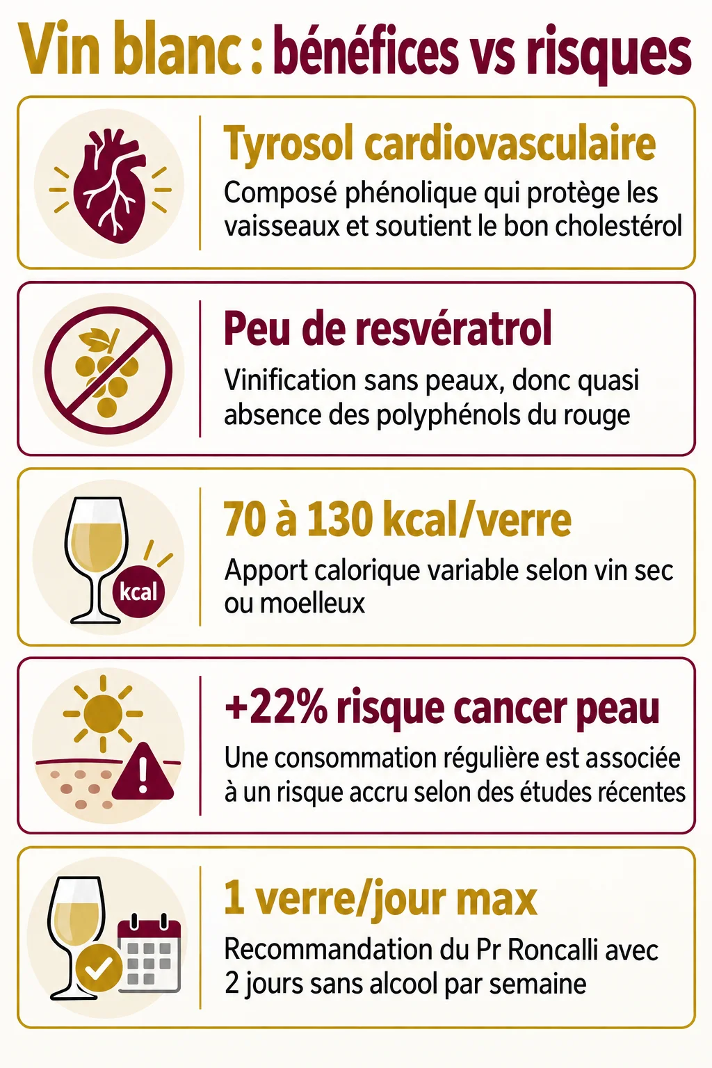 Vin blanc : bénéfices vs risques : Tyrosol cardiovasculaire, Peu de resvératrol, 70 à 130 kcal/verre, +22% risque cancer peau, 1 verre/jour max
