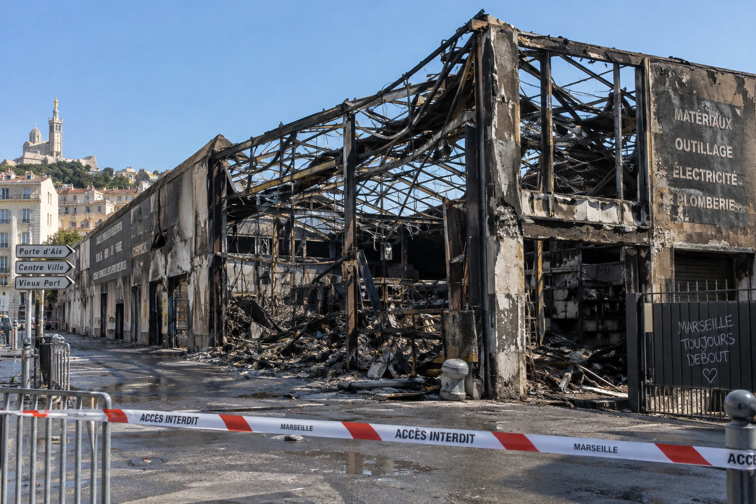 Hangar du marché du Soleil à Marseille après l'incendie, structure noircie et cordon de sécurité