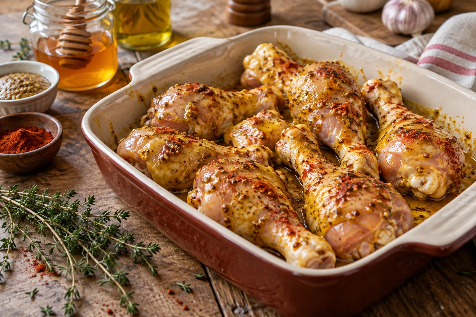 Pilons de poulet crus enrobés de marinade au miel et à la moutarde dans un plat en céramique