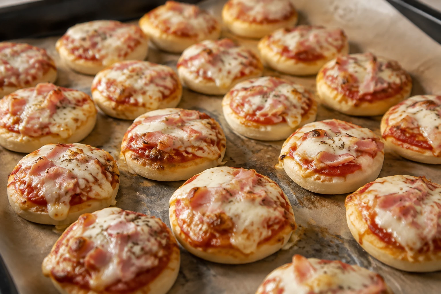 Mini pizzas apéro rondes garnies de tomate et mozzarella sur une plaque avant congélation