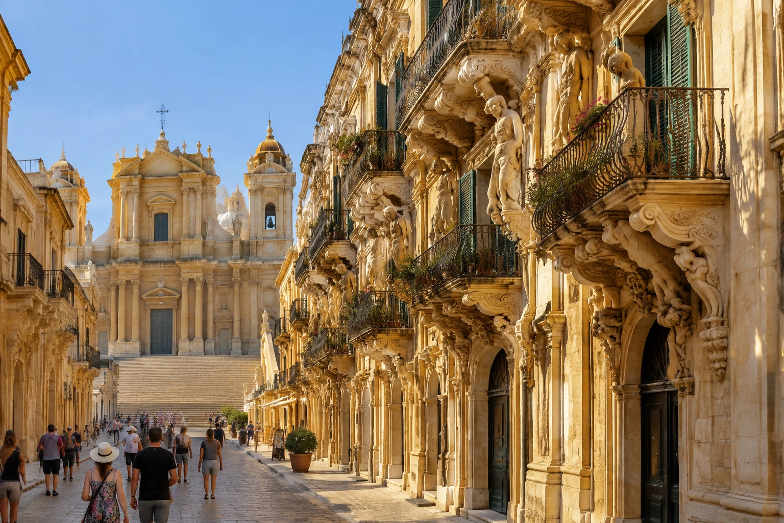 Façade baroque dorée de la cathédrale de Noto en Sicile sous la lumière du soir