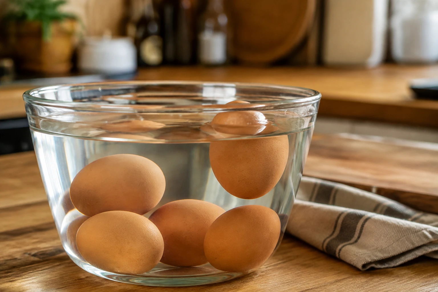 Œufs plongés dans un bol d'eau pour tester leur fraîcheur avant cuisson