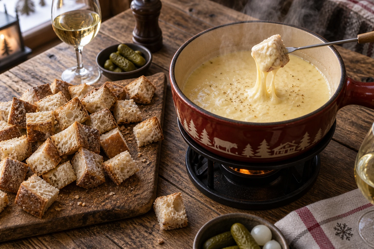 Cubes de pain de campagne posés à côté d'un caquelon de fondue au fromage