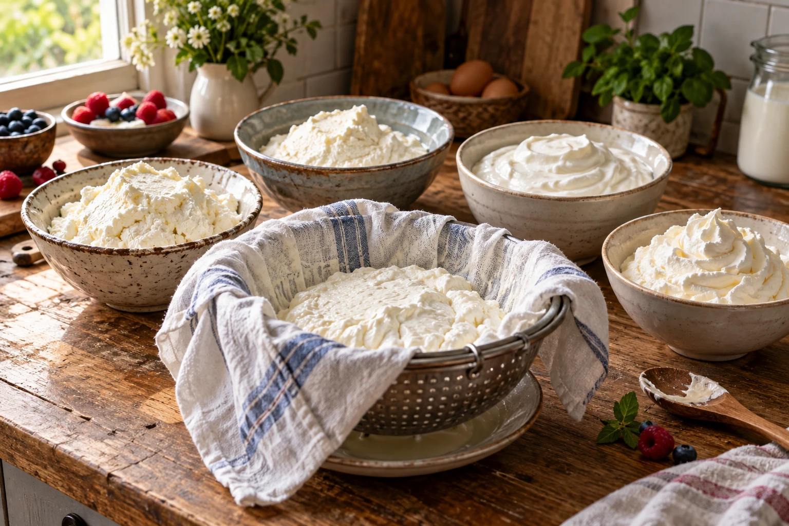 Bols de fromage blanc, ricotta et yaourt grec comme alternatives au mascarpone sur un plan de travail